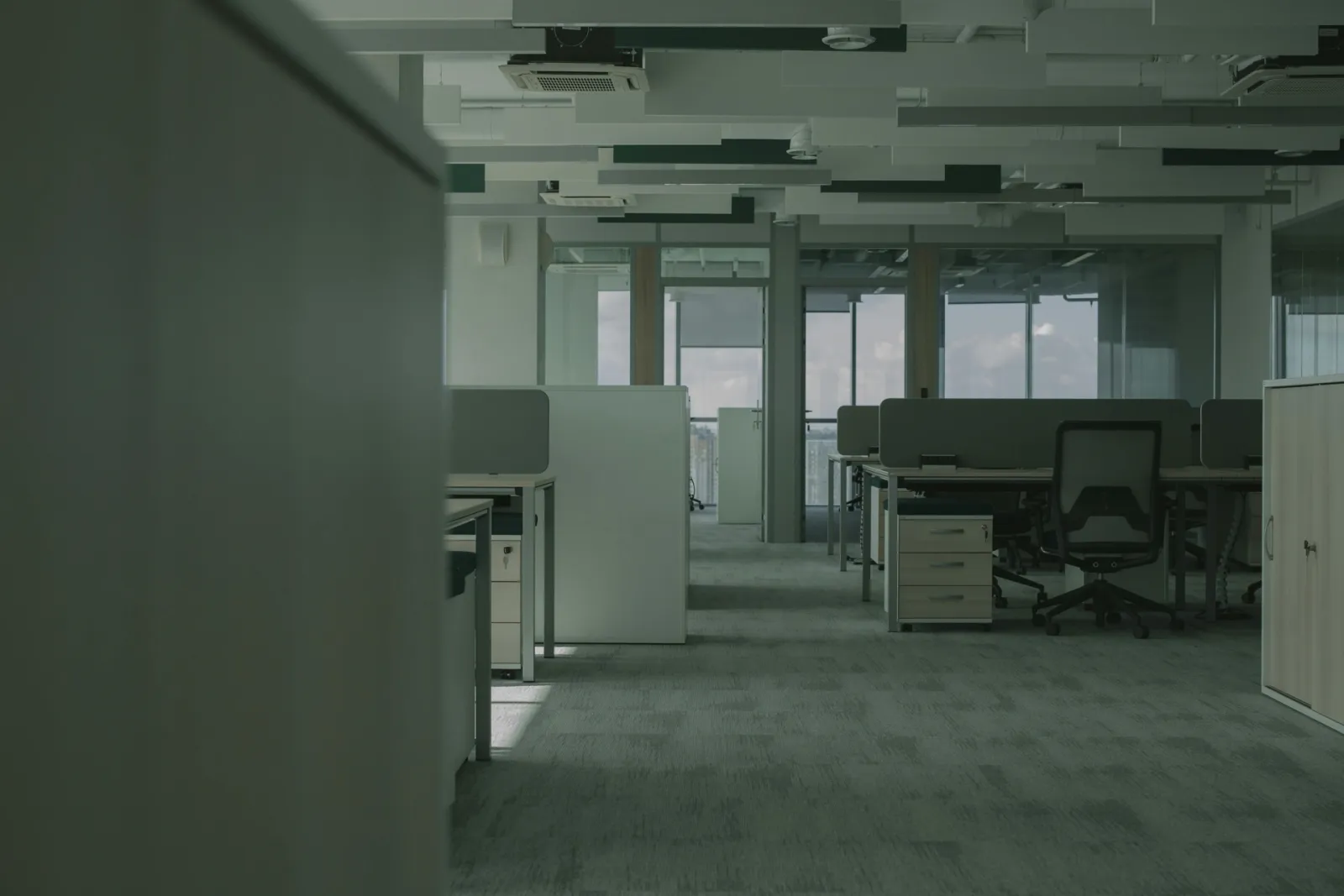 Open office space with extensive textile flooring and workstations.