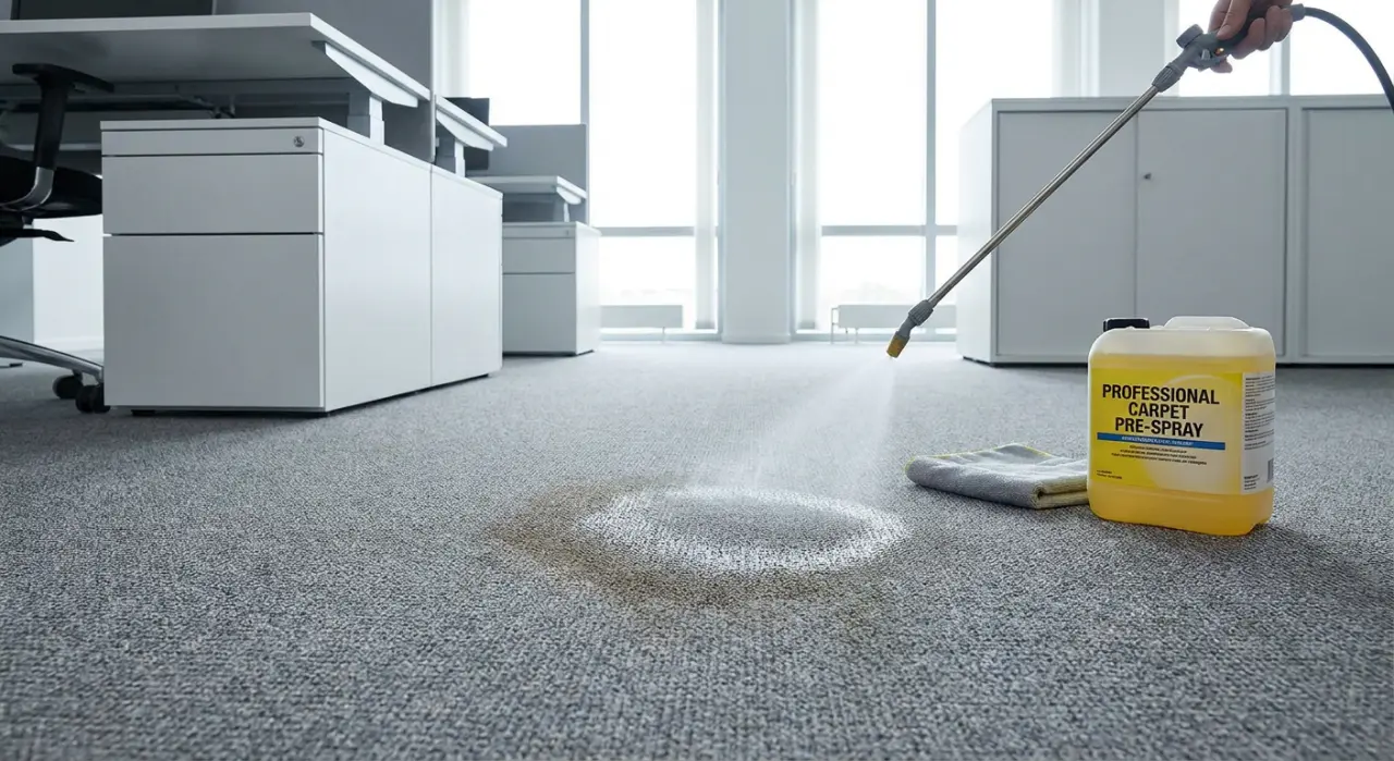 Pre-treating a stain with a professional pre-spray before hot-water deep cleaning.
