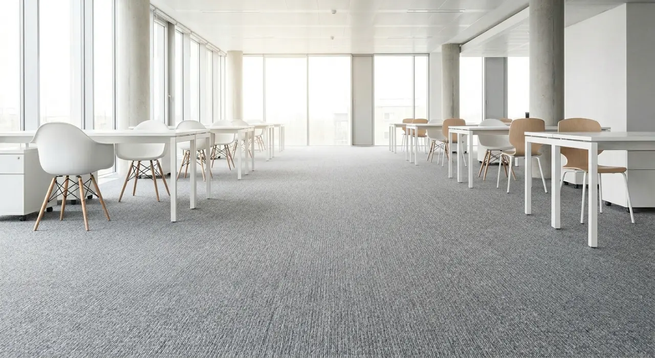 A clean, dried wall-to-wall carpet in a bright office after cleaning.