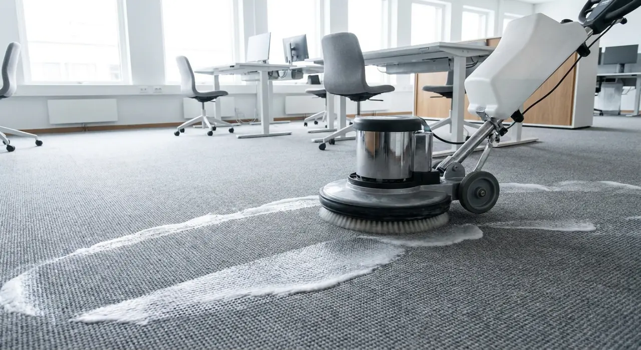 Hot-water deep cleaning of a wall-to-wall carpet with a rotary brush machine in an office.