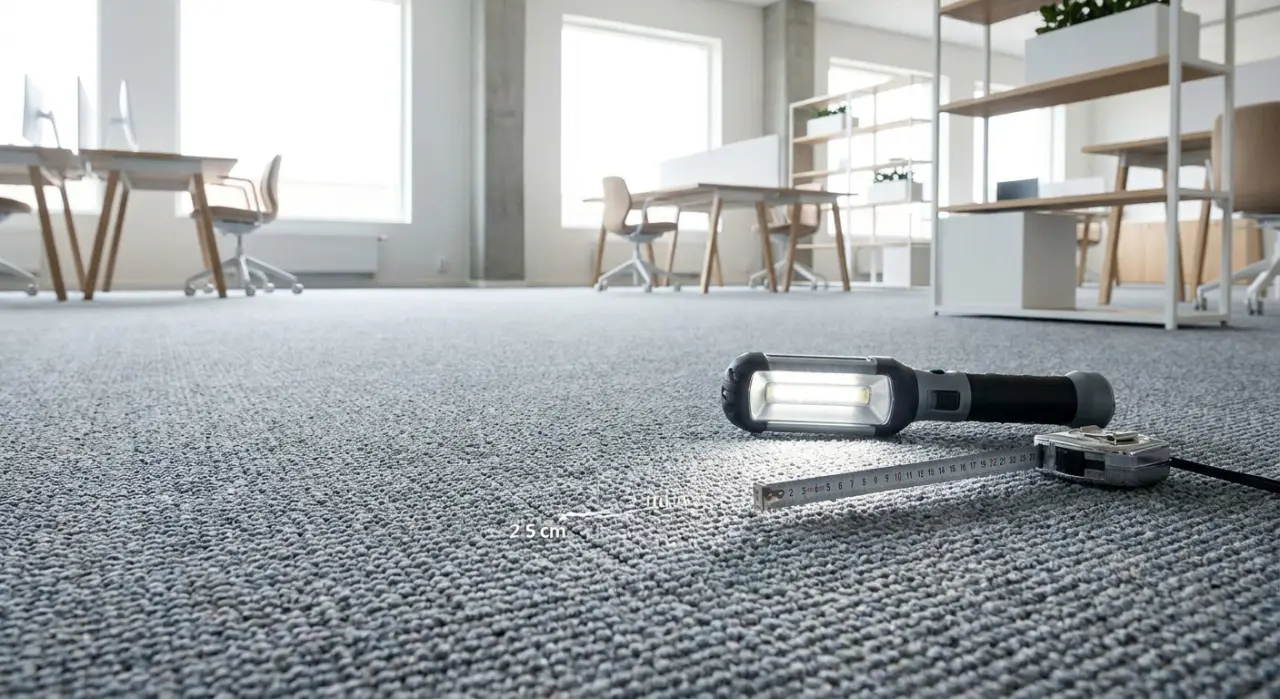 Inspecting the condition of a wall-to-wall carpet in an office with a work light and tape measure.